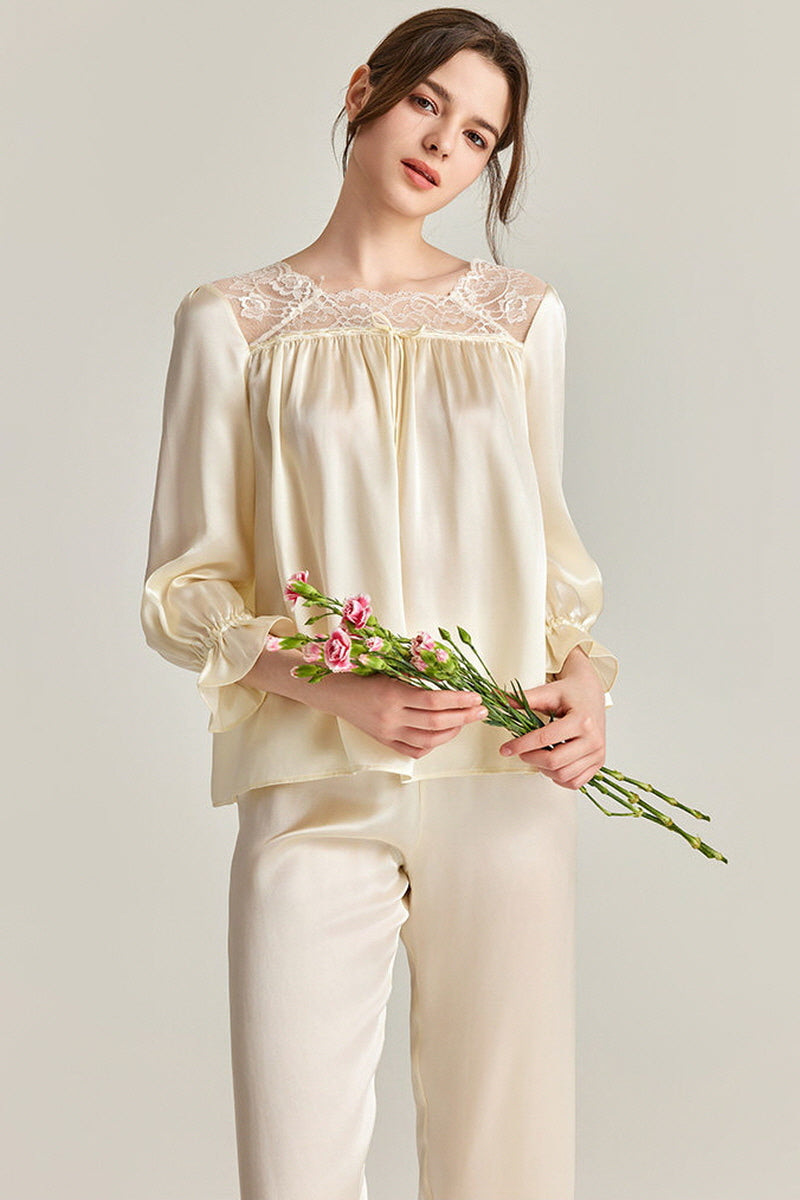 Lace-Shoulder Silk Pajama Set