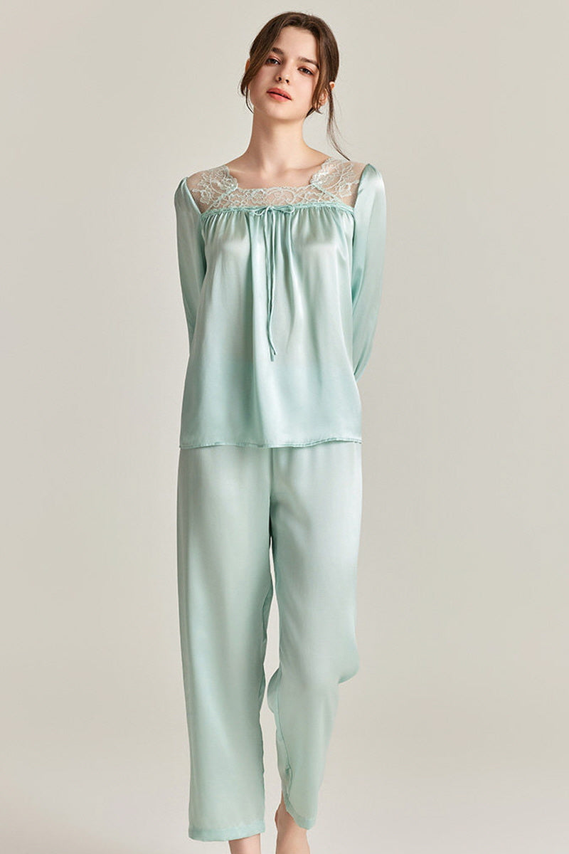 Lace-Shoulder Silk Pajama Set