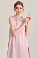 Pink Ruffle Neck Silk Sleeveless Dress