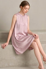 Pink Ruffle Neck Silk Sleeveless Dress