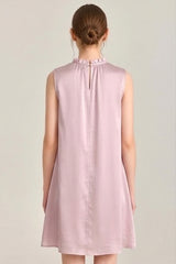 Pink Ruffle Neck Silk Sleeveless Dress
