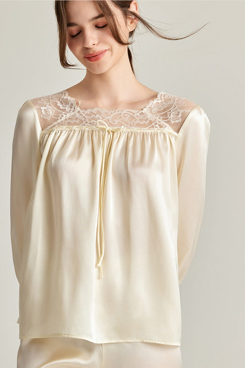 Lace-Shoulder Silk Pajama Set