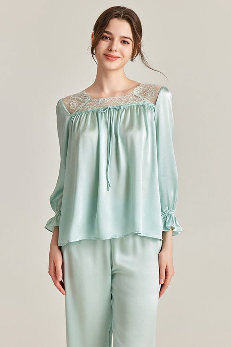 Lace-Shoulder Silk Pajama Set