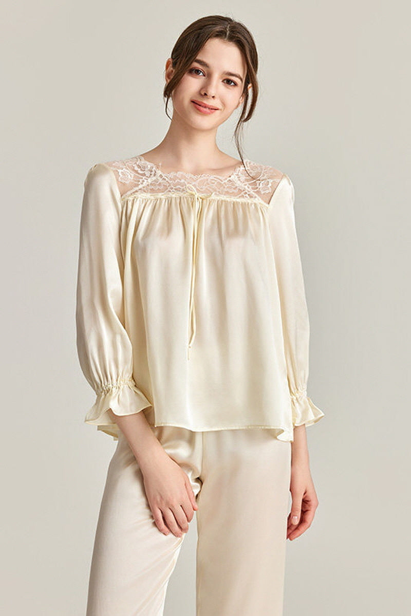 Lace-Shoulder Silk Pajama Set