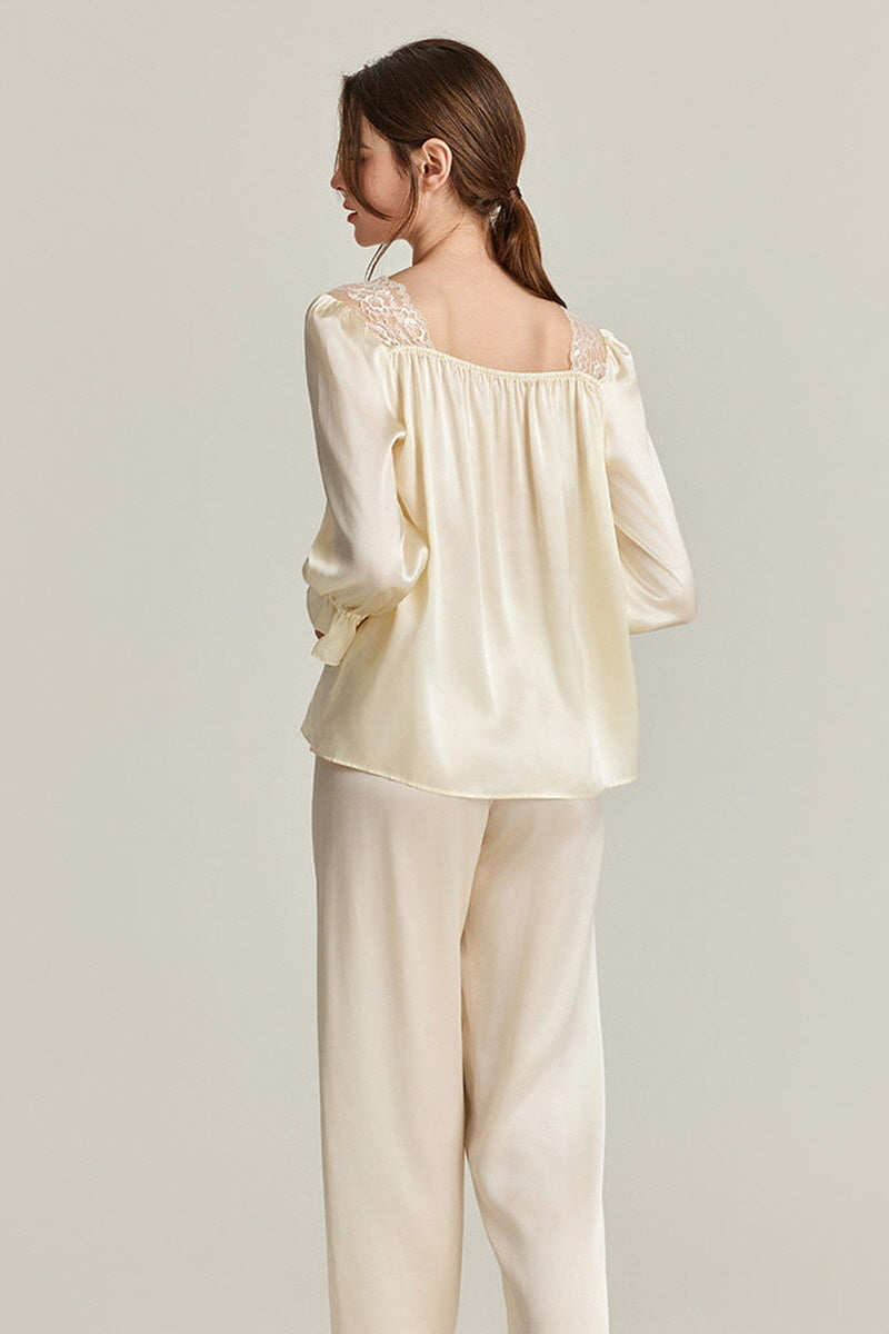 Lace-Shoulder Silk Pajama Set