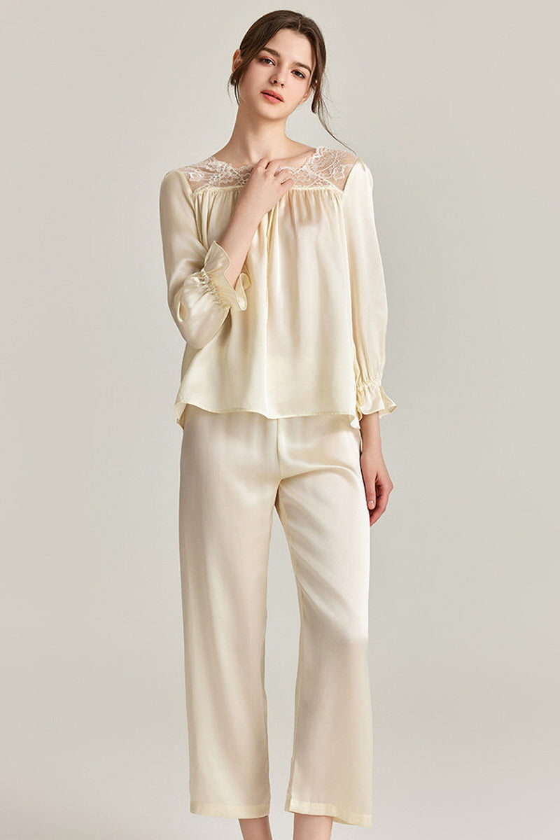 Lace-Shoulder Silk Pajama Set