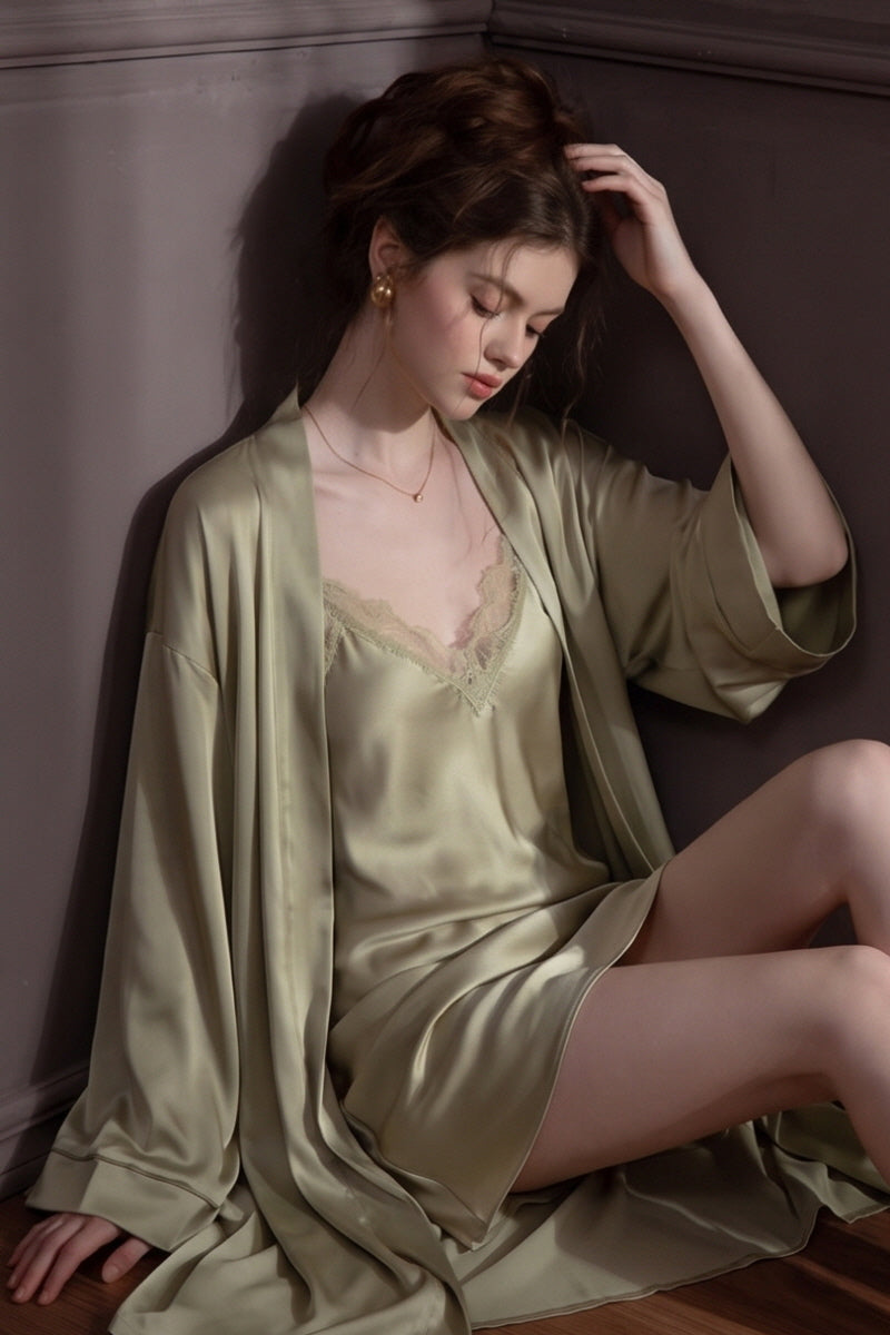 Olive Backless Silk Slip & Robe set