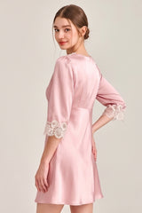 Pink Silk 3/4 Sleeve Lace Sleepwear