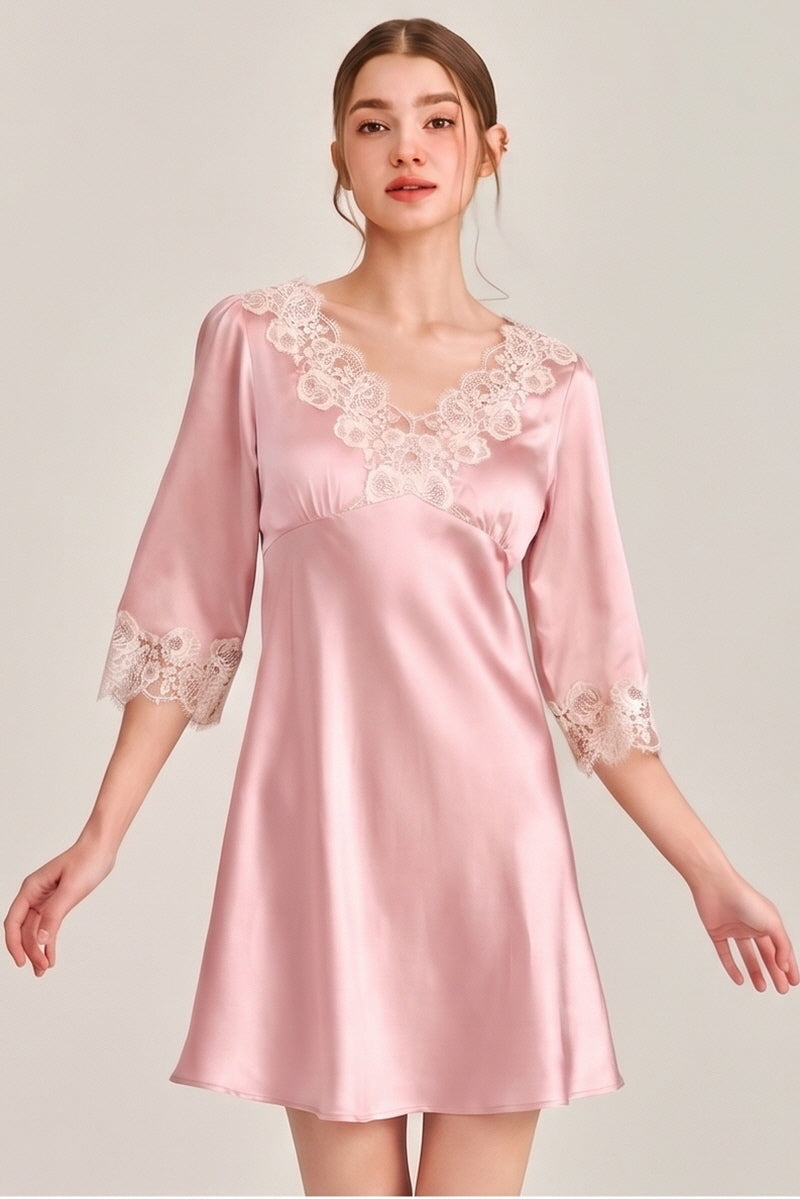 Pink Silk 3/4 Sleeve Lace Sleepwear