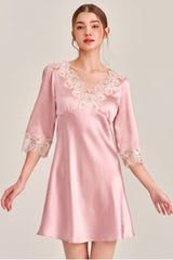 Pink Silk 3/4 Sleeve Lace Sleepwear