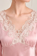 Pink Silk 3/4 Sleeve Lace Sleepwear