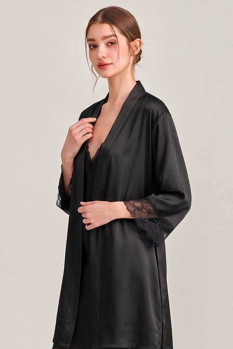Black Floral Lace-Trimmed Silk Slip & Robe Set