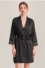 Black Floral Lace-Trimmed Silk Slip & Robe Set