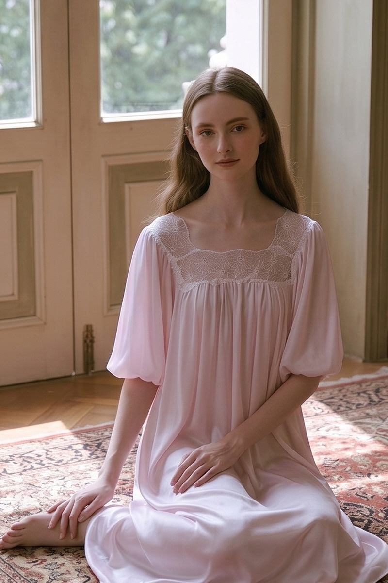 Pink Silk Puff Sleeve Lace Sleep Dress
