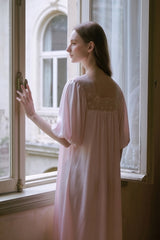 Pink Silk Puff Sleeve Lace Sleep Dress