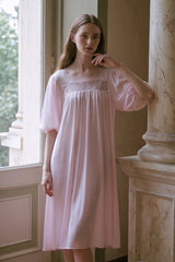 Pink Silk Puff Sleeve Lace Sleep Dress