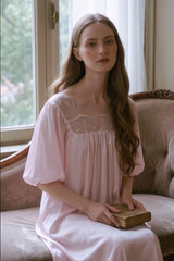 Pink Silk Puff Sleeve Lace Sleep Dress