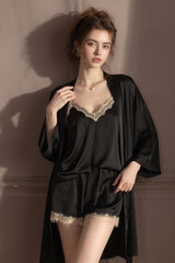 Black Scalloped Lace Cami, Shorts & Robe 3-Piece Set