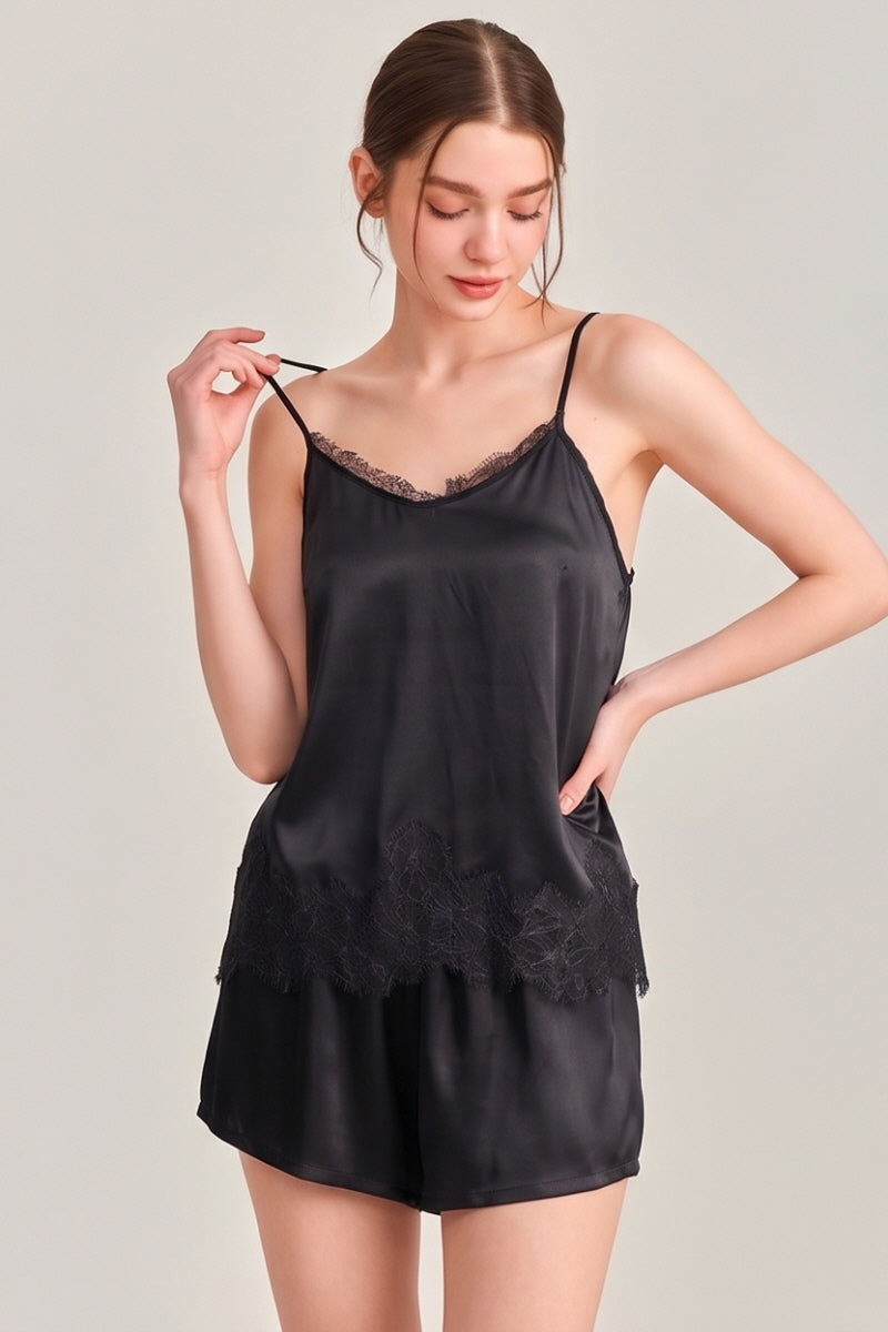 Black Silk Lace Trim Cami Pajama Set
