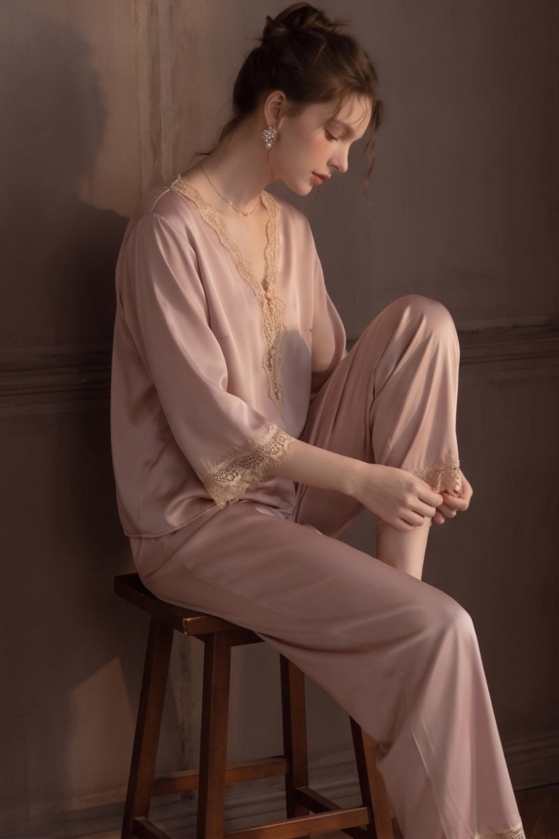 Pink V-Neck Enchanted Lace Silk Set