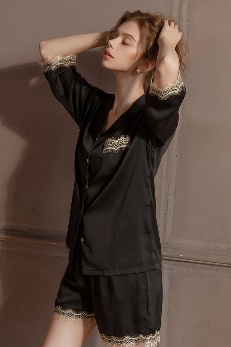 Black Lace-Trimmed 3/4 Sleeve Silk Set