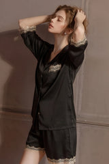 Black Lace-Trimmed 3/4 Sleeve Silk Set