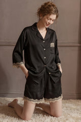 Black Lace-Trimmed 3/4 Sleeve Silk Set