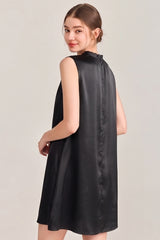 Black Ruffle Neck Silk Sleeveless Dress