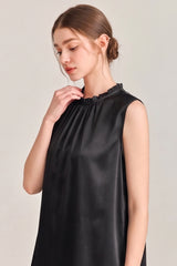 Black Ruffle Neck Silk Sleeveless Dress