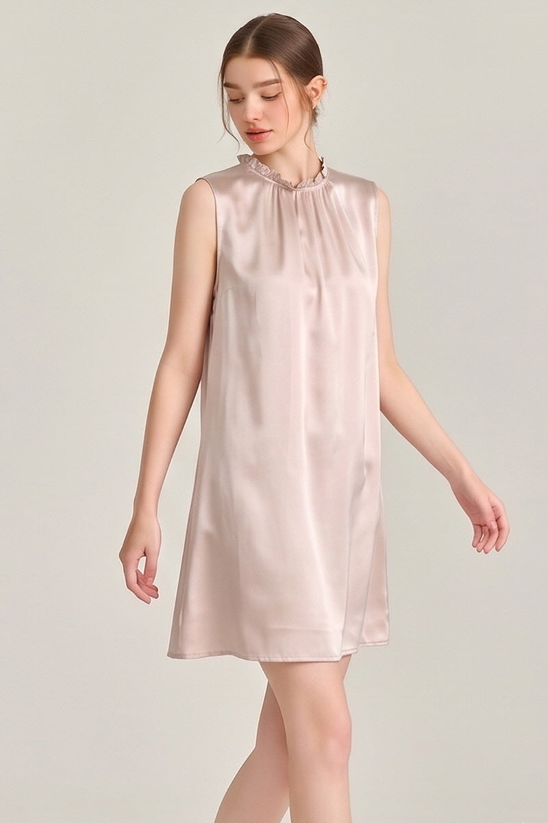 Champagne Ruffle Neck Silk Sleeveless Dress