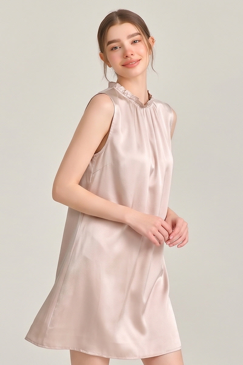 Champagne Ruffle Neck Silk Sleeveless Dress