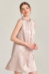 Champagne Ruffle Neck Silk Sleeveless Dress