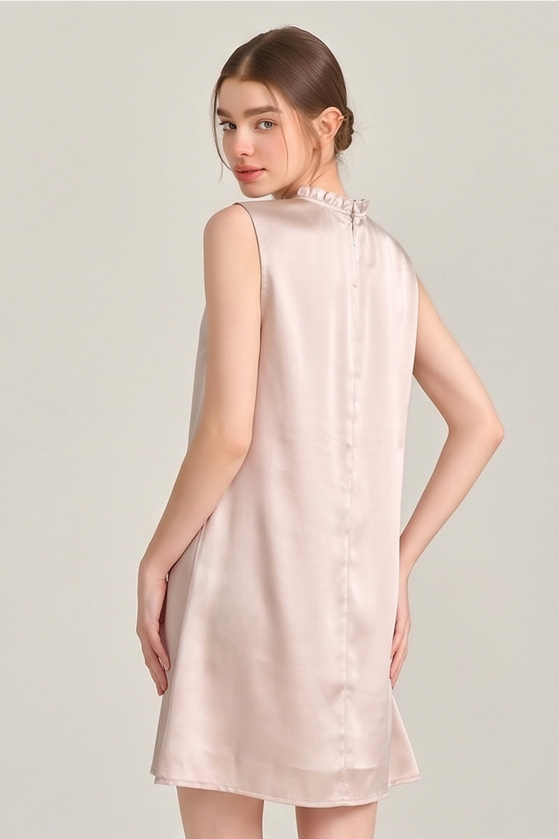 Champagne Ruffle Neck Silk Sleeveless Dress
