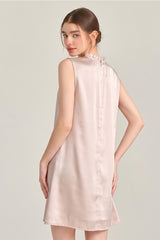 Champagne Ruffle Neck Silk Sleeveless Dress