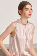 Champagne Ruffle Neck Silk Sleeveless Dress