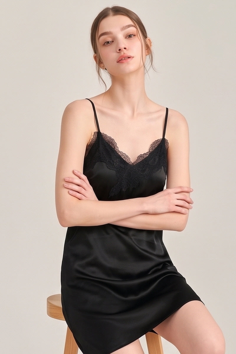 Black V-Neck Lace Detail Silk Nightdress