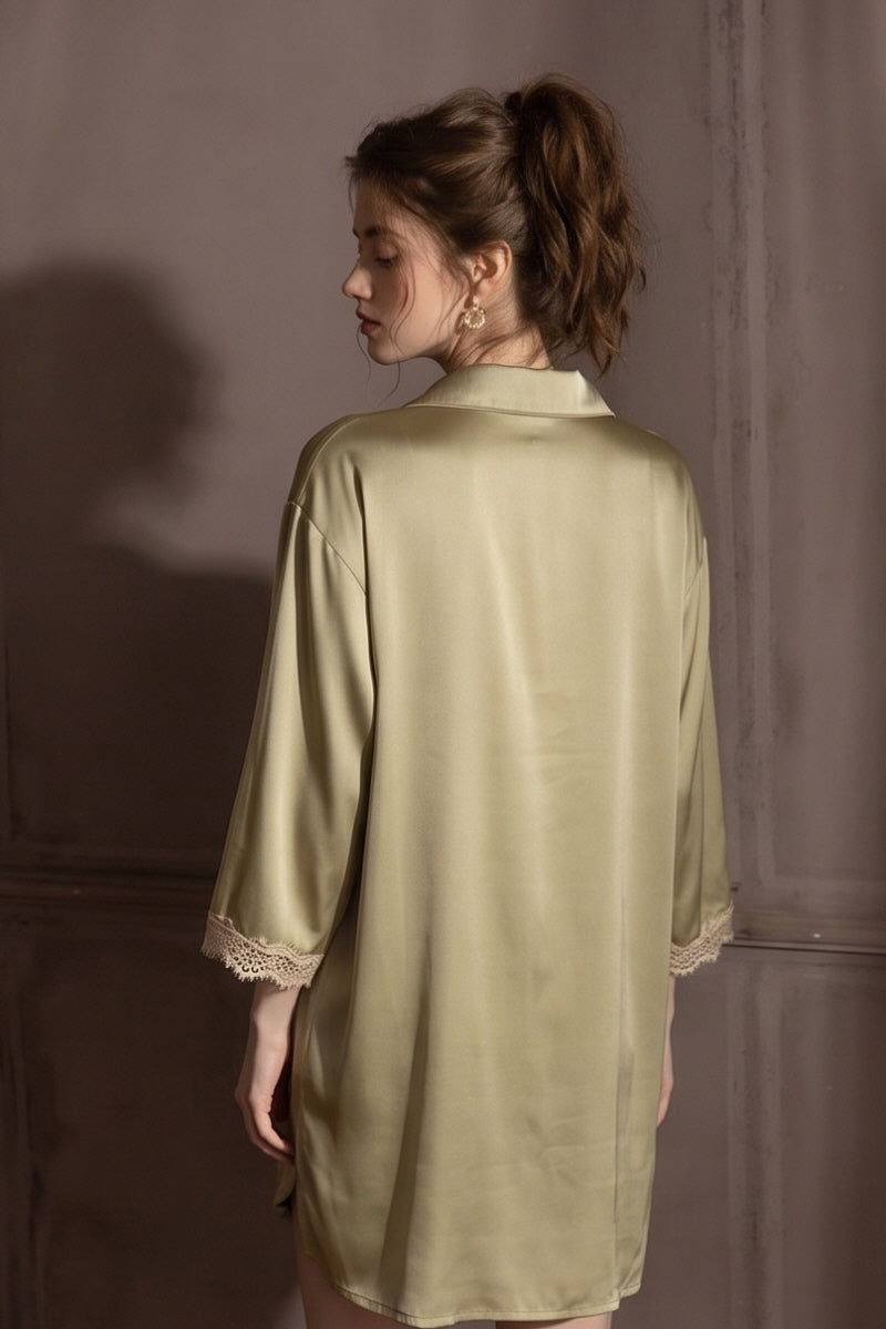 Olive Elegant Lace-Trimmed Silk Sleep Shirt
