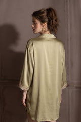Olive Elegant Lace-Trimmed Silk Sleep Shirt