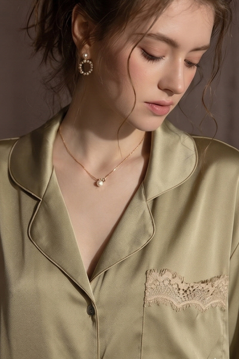 Olive Elegant Lace-Trimmed Silk Sleep Shirt