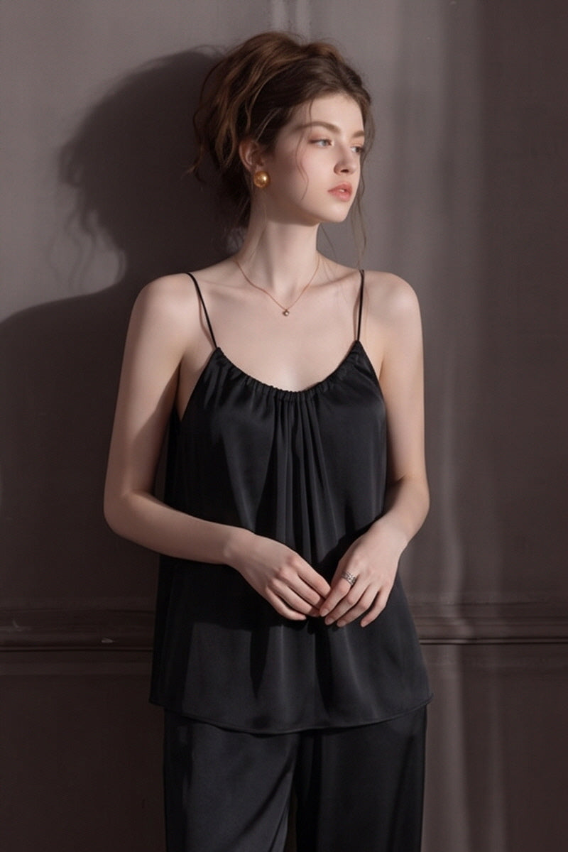 Black Silk Shirred Camisole & Trousers Set
