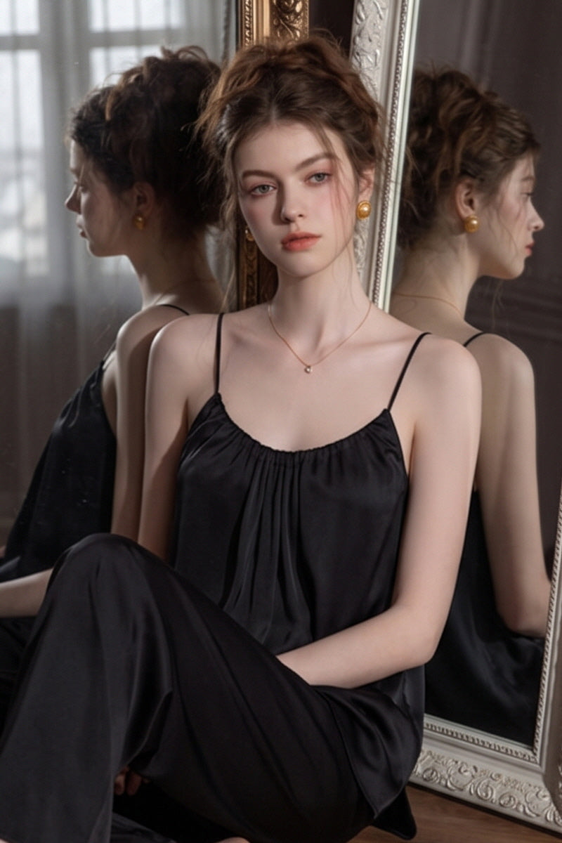 Black Silk Shirred Camisole & Trousers Set