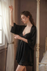 Black Angelic Embroidery Silk Slip & Robe Set