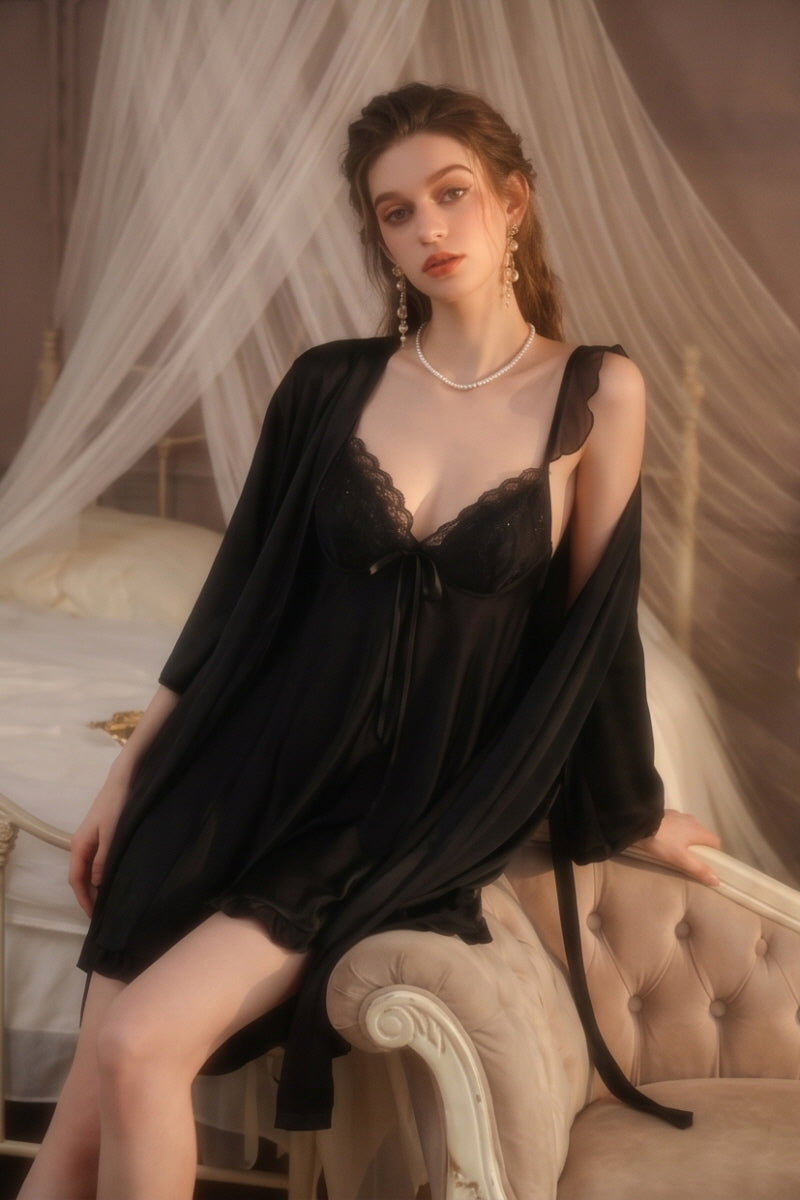 Black Angelic Embroidery Silk Slip & Robe Set