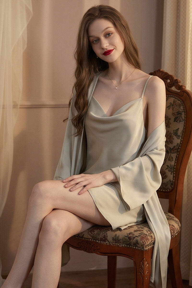 Green Fluid Cowl Silk Slip & Robe Set