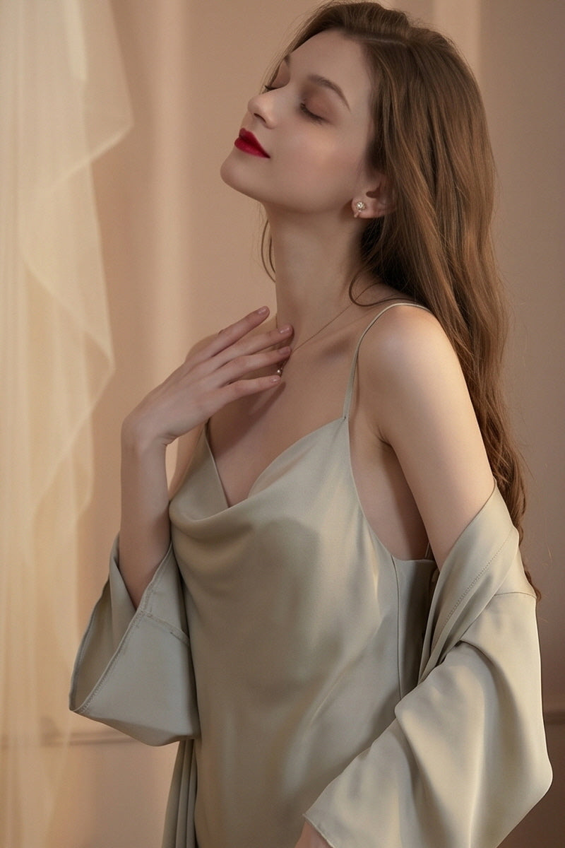 Green Fluid Cowl Silk Slip & Robe Set