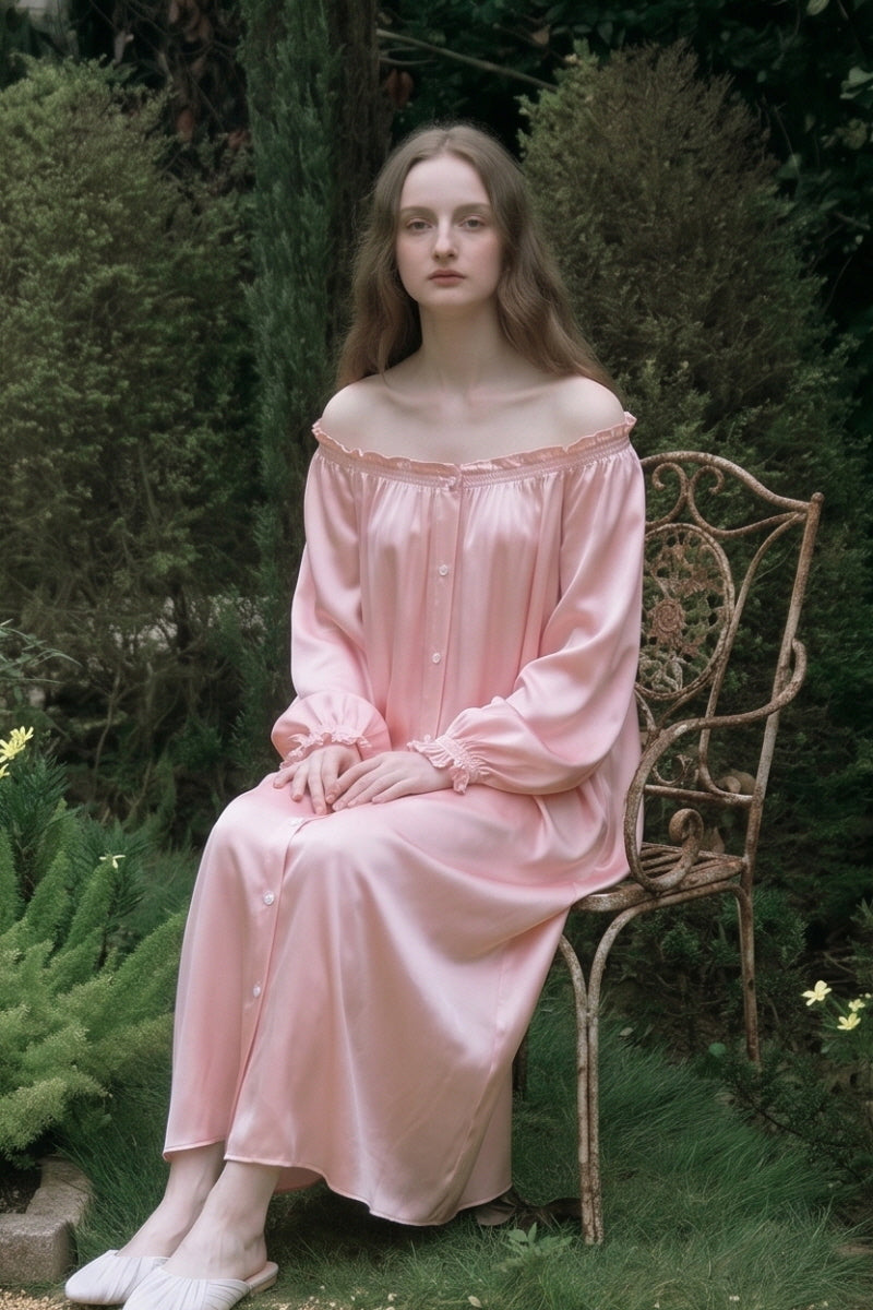 Pink Shirred Neck Silk Maxi Sleep Dress