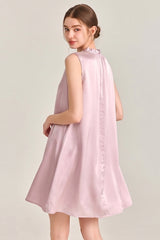 Pink Ruffle Neck Silk Sleeveless Dress