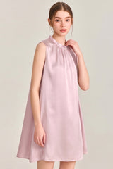Pink Ruffle Neck Silk Sleeveless Dress