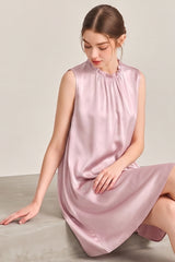 Pink Ruffle Neck Silk Sleeveless Dress