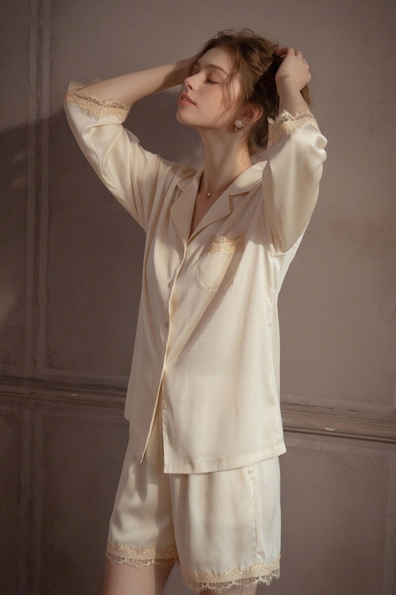 White Lace-Trimmed 3/4 Sleeve Silk Set
